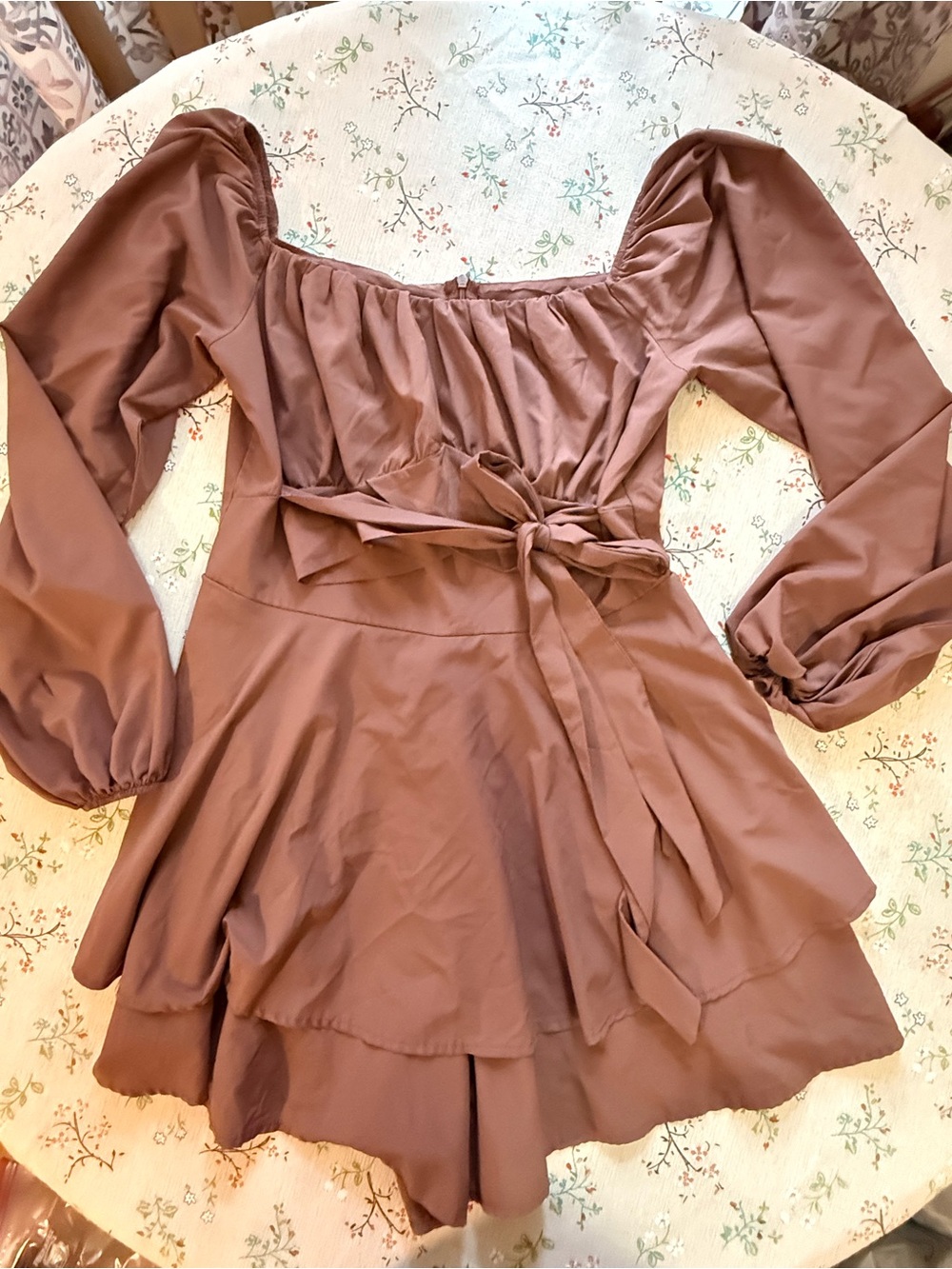 Women's Brown Long-Sleeve Tiered Mini Dress with Tie Waist and Shorts inside